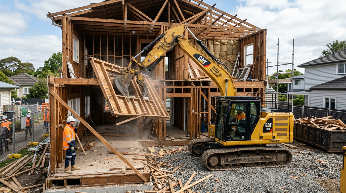 SolidRise heavy construction excavator performing controlled structural demolition