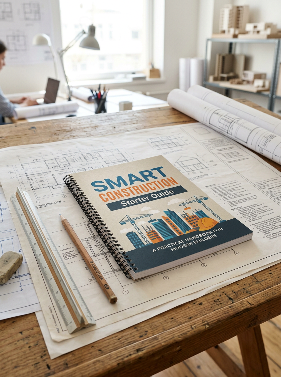 The Smart Construction Project Starter Guide printed guide on drafting table with architectural blueprints