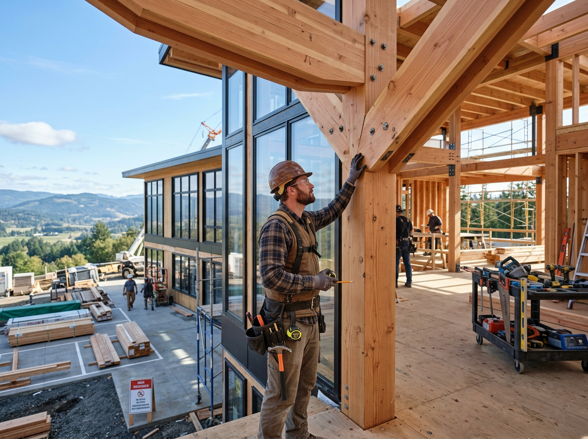 SolidRise Construction organized jobsite with skilled carpenter inspecting timber framing